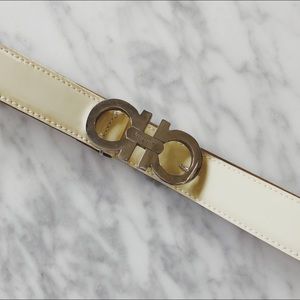 Ferragamo Double Gancini Ivory Patent Leather Belt